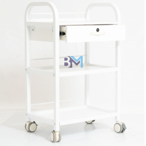 Carrito auxiliar blanco, rosado o verde de madera con cajonera y dos estantes