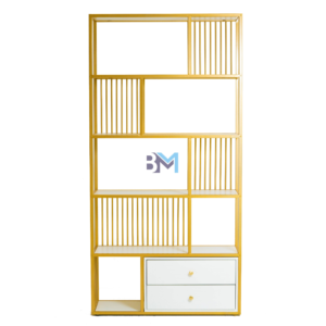 Estantería de metal dorado con repisas y cajoneras en madera tipo mármol