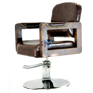 Silla de peluquería en polipiel color marrón con apoyabrazos de madera