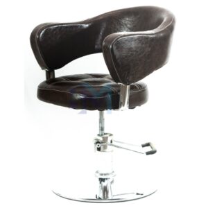 Silla de peluquería en polipiel marrón con costuras blancas