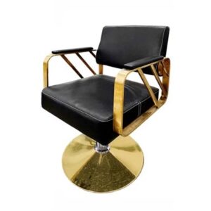 Silla de peluquería en polipiel color negro con apoyabrazos dorados