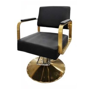 Silla de peluquería en polipiel color negro con apoyabrazos dorados