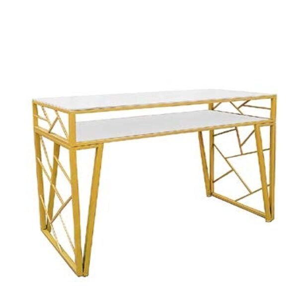 Mesa de manicura doble de metal dorado con tope de porcelana tipo mármol