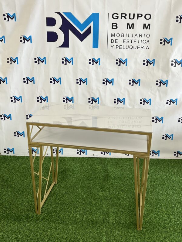 Mesa de manicura individual de metal dorado con tope de porcelana tipo mármol - Imagen 5