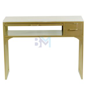 Mesa de manicura individual de metal dorado con tope de porcelana tipo mármol y cajonera