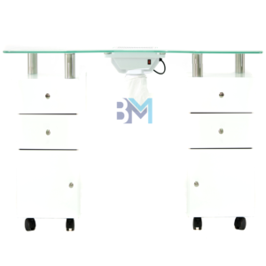 Mesa de manicura individual blanca con tope de cristal, aspirador y cajoneras