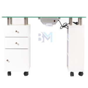 Mesa de manicura individual blanca con tope de cristal, aspirador y cajoneras