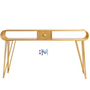 Mesa de manicura doble de metal dorado con tope de cristal y cajonera
