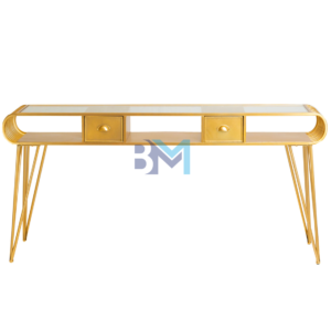Mesa de manicura triple metal dorado con tope de cristal y cajonera