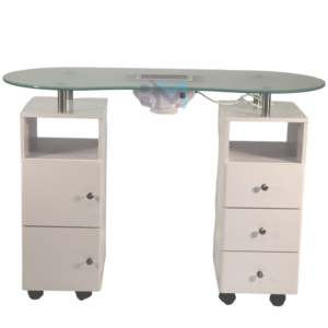Mesa de manicura de madera con tope de cristal, aspirador y cajoneras