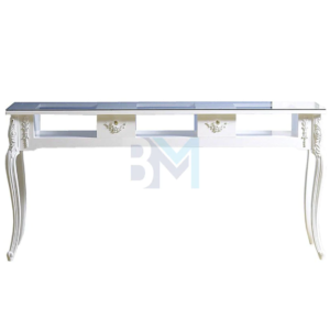 Mesa de manicura triple blanca vintage con tope de cristal y cajoneras