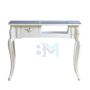 Mesa de manicura individual blanca vintage con tope de cristal y cajonera