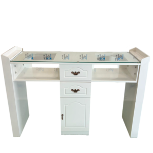 Mesa de manicura doble blanca vintage con tope de cristal y cajoneras