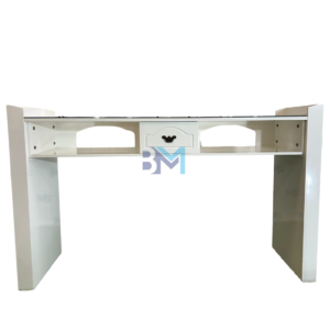 Mesa de manicura doble blanca vintage con tope de cristal y cajonera