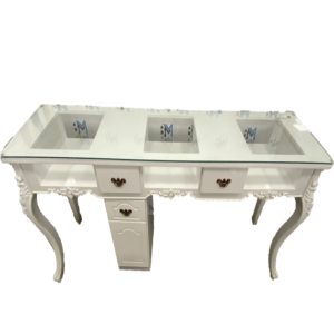 Mesa de manicura blanca triple vintage con tope de cristal y cajoneras