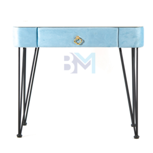 Mesa de manicura individual en terciopelo azul y negro con tope de cerámica tipo mármol