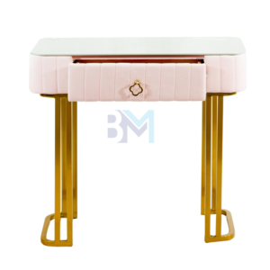 Mesa de manicura individual en terciopelo rosado y dorado con tope de cerámica tipo mármol