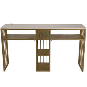 Mesa de manicura doble de metal dorado con tope de cerámica tipo mármol, cajonera y estantería