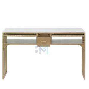 Mesa de manicura doble de metal dorado con tope de porcelana tipo mármol, cajonera y doble bandeja