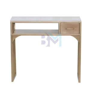 Mesa de manicura individual de metal dorado con tope de piedra tipo mármol