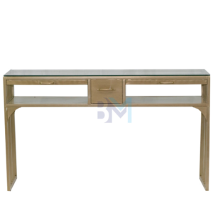 Mesa de manicura doble de metal dorado con tope de cristal, cajonera y bandejas