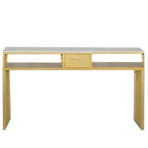 Mesa de manicura doble de metal dorado con tope de piedra tipo mármol