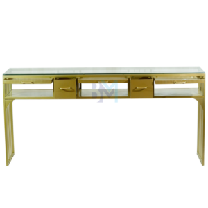 Mesa de manicura triple de metal dorado con tope de cristal