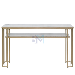 Mesa de manicura doble de metal dorado con tope de porcelana tipo mármol