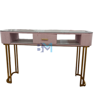 Mesa de manicura doble en terciopelo rosado con cerámica tipo mármol y base dorada