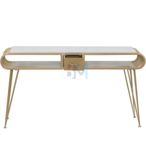Mesa de manicura doble de metal dorado con tope de cerámica tipo mármol