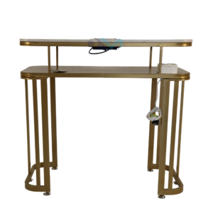 Mesa de manicura individual de metal dorado con superficie de piedra tipo mármol y aspirador
