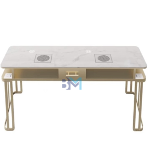 Mesa de manicura doble de metal dorado con tope de piedra tipo mármol y aspirador
