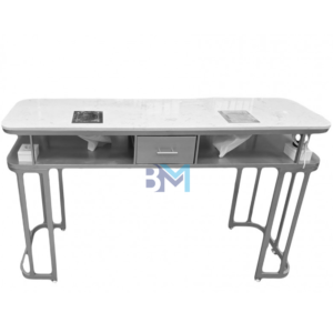 Mesa de manicura doble de metal plateado con tope de piedra tipo mármol y aspirador