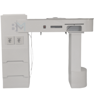 Mesa de manicura individual de madera blanca con tope de piedra tipo mármol, aspirador y lámpara de secado
