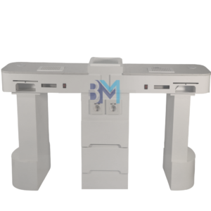 Mesa de manicura doble de madera blanca con tope de piedra tipo mármol, aspirador y lámpara de secado