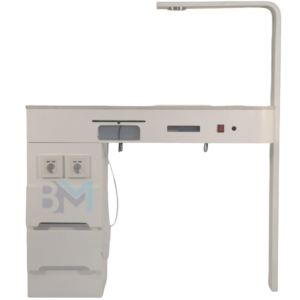 Mesa de manicura individual de madera blanca con tope de piedra tipo mármol, luz led, aspirador y lampara de secado
