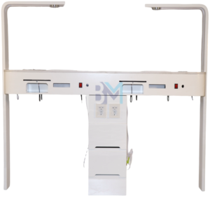 Mesa de manicura doble de madera blanca con tope de piedra tipo mármol, luz, aspirador y lámpara de secado