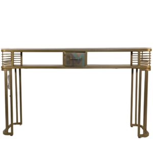 Mesa de manicura doble de metal dorado con superficie de cerámica tipo mármol