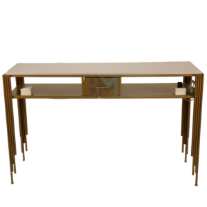 Mesa de manicura doble de metal dorado con superficie de piedra tipo mármol