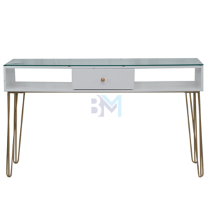 Mesa de manicura doble blanca y dorada con tope de cristal y cajonera