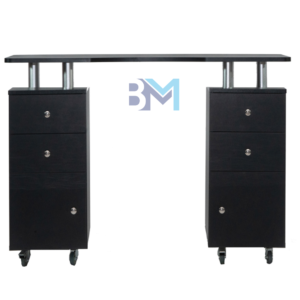 Mesa de manicura individual negra con tope de madera y cajoneras