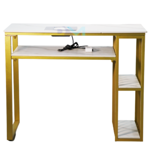 Mesa de manicura individual de metal dorado con superficie de piedra tipo mármol y aspirador