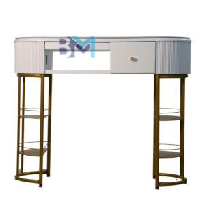 Mesa de manicura individual de madera blanca y metal dorado con superficie de piedra tipo mármol