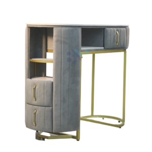 Mesa de manicura individual en terciopelo gris y metal dorado con tope de piedra tipo mármol