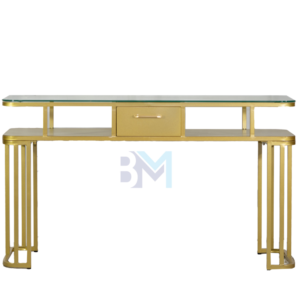 Mesa de manicura doble de metal dorado con tope de cristal y cajonera