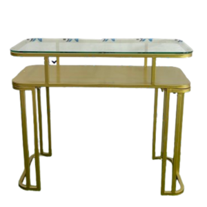 Mesa de manicura individual de metal dorado con tope de cristal