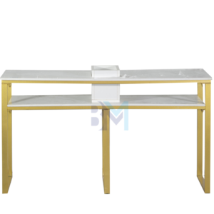Mesa de manicura doble de metal dorado con tope de piedra tipo mármol