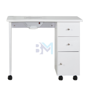 Mesa de manicura individual blanca con superficie de madera, cajoneras y aspirador