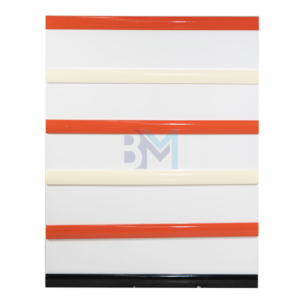 Mostrador de recepción blanco, rojo y amarillo