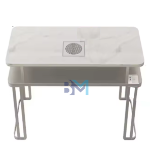 Mesa de manicura individual de metal plateado con tope de piedra tipo mármol y aspirador